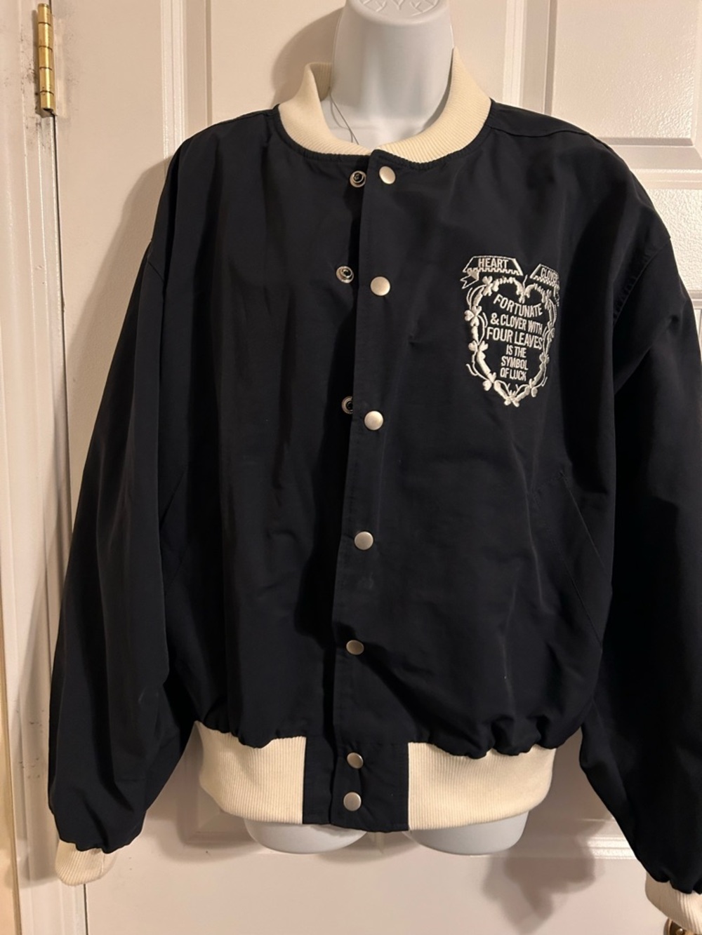 Black Embroidered Patch Bomber Jacket with Cream Trim